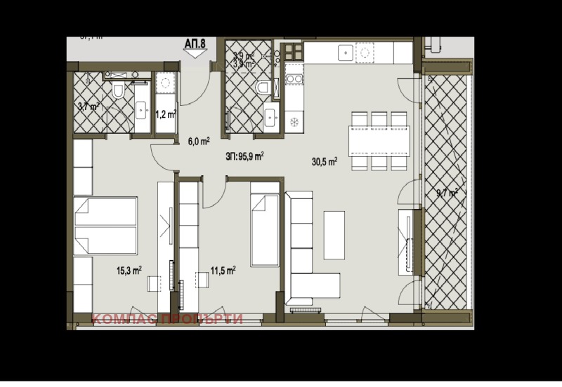 Продава 3-СТАЕН в град София, с. Бистрица - 115 кв.м / 259 500 € » 507 537.89 лв., КОМПАС ПРОПЪРТИ
