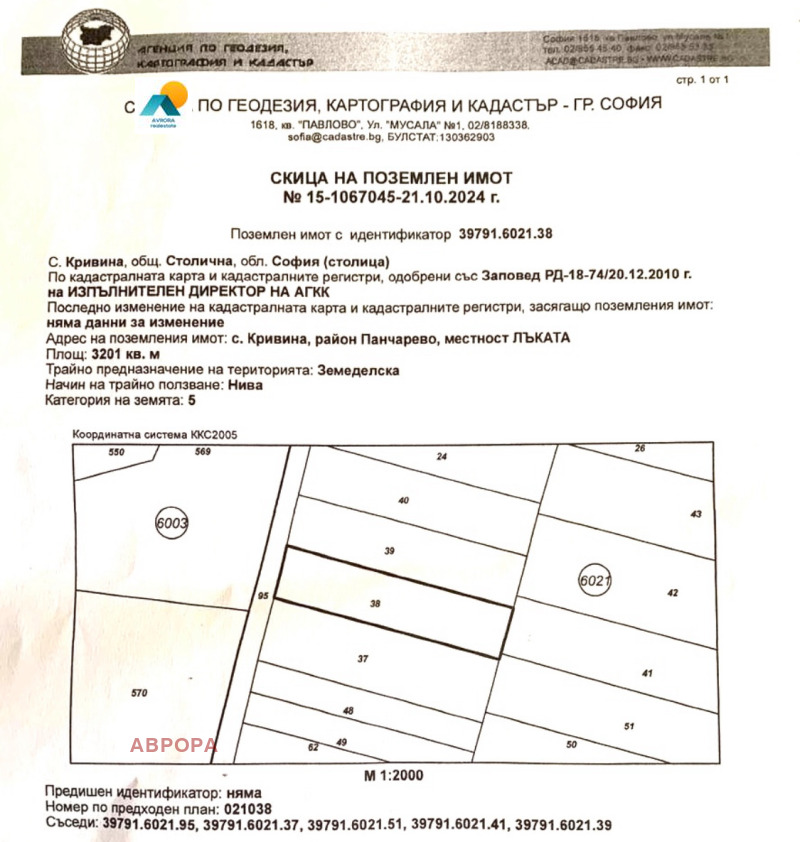 Продава ПАРЦЕЛ в град София, с. Кривина - 3200 кв.м / 99 200 € » 194 018.34 лв., АВРОРА