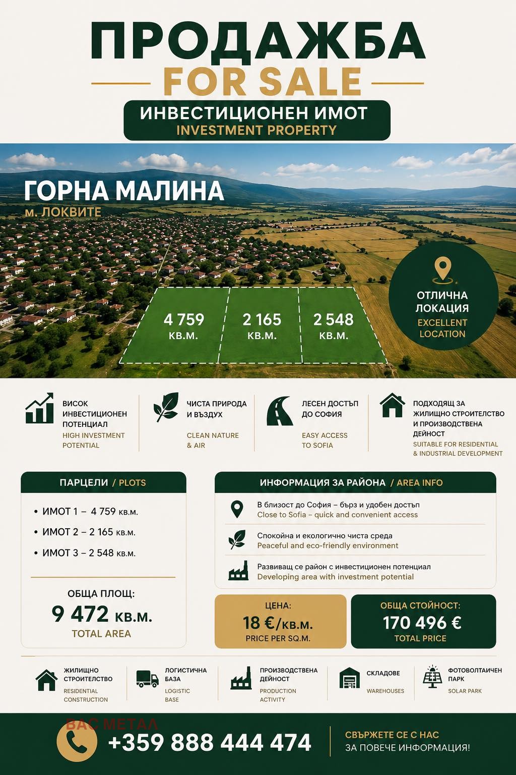 Продава ПАРЦЕЛ, с. Горна Малина, област София област