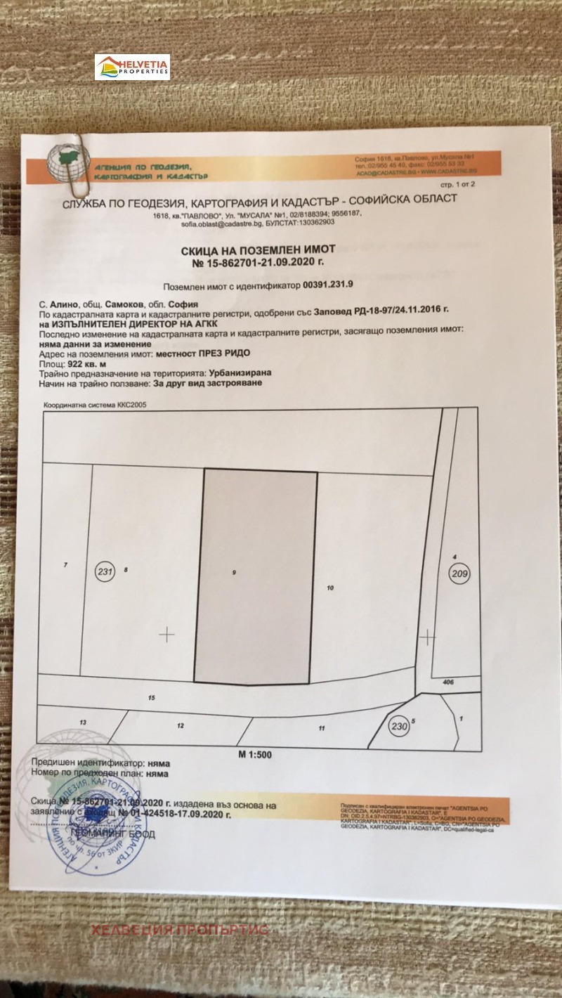 Продава ПАРЦЕЛ в област София, с. Алино - 922 кв.м / 29 504 € » 57 704.81 лв., ХЕЛВЕЦИЯ ПРОПЪРТИС