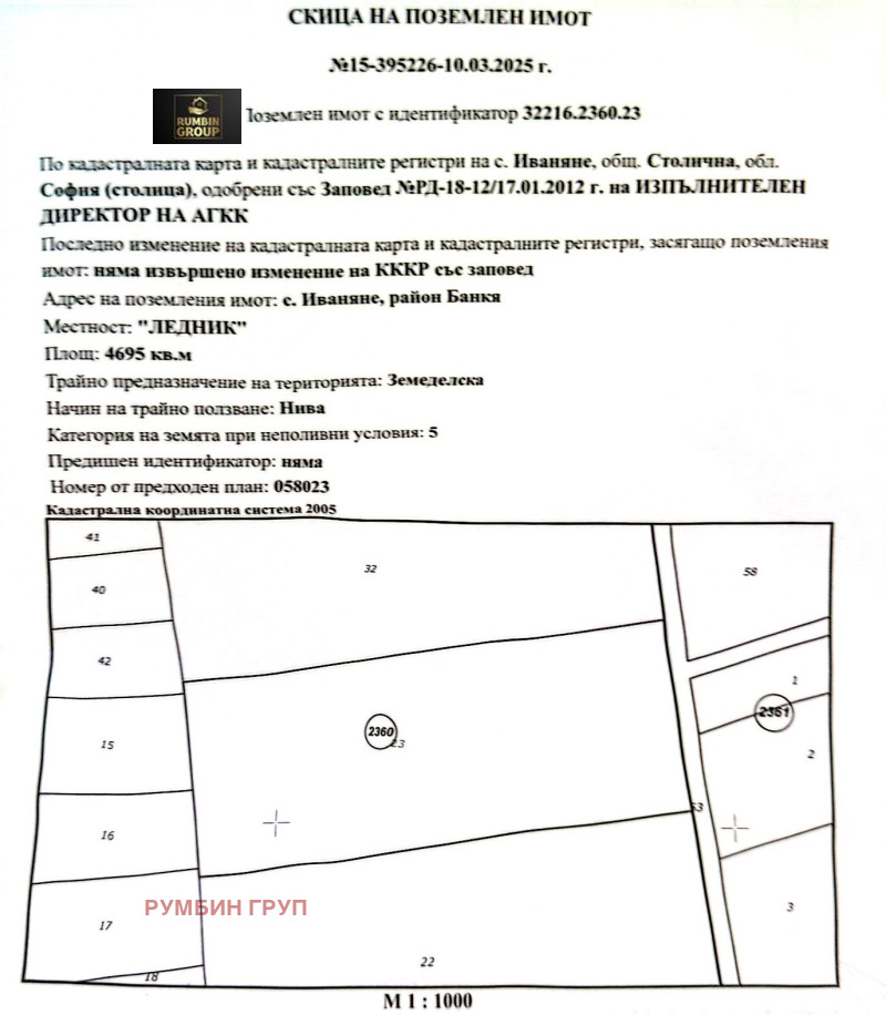 Продава ПАРЦЕЛ в град София, с. Иваняне - 4695 кв.м / 79 000 € » 154 510.57 лв., РУМБИН ГРУП