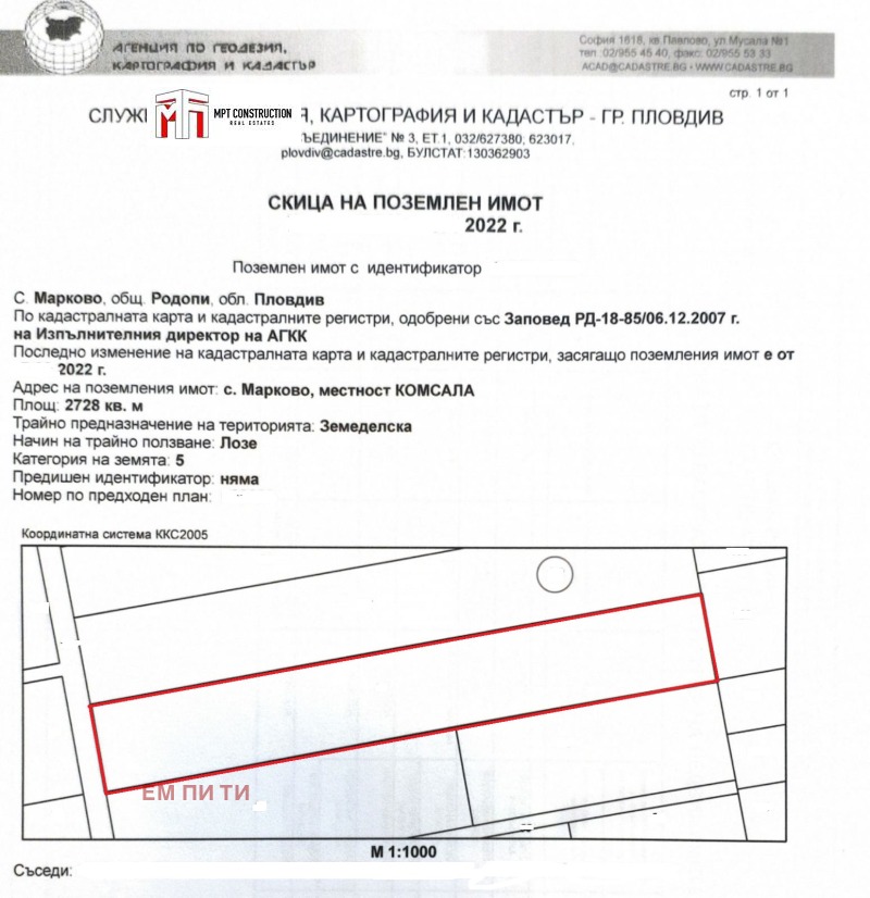 Продава ПАРЦЕЛ в област Пловдив, с. Марково - 2728 кв.м / 196 500 € » 384 320.60 лв., ЕМ ПИ ТИ