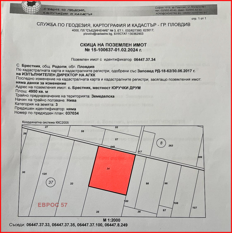 Продава ПАРЦЕЛ в област Пловдив, с. Брестник - 4950 кв.м / 89 700 € » 175 437.95 лв., ЕВРОС 57