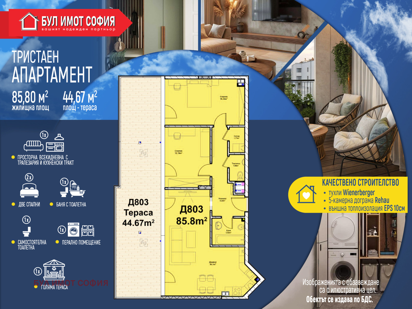 Продава 3-СТАЕН, гр. София, Полигона, снимка 2 - Апартаменти - 51293538